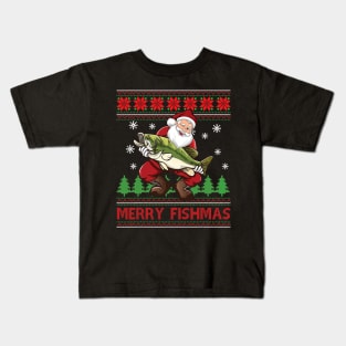 Merry Fishmas Santa Fishing Ugly Christmas Kids T-Shirt